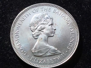 1971 The BAHAMAS SILVER $2 Large Coin Elizabeth II FLAMINGO Bird GOLD TONED - Picture 1 of 2