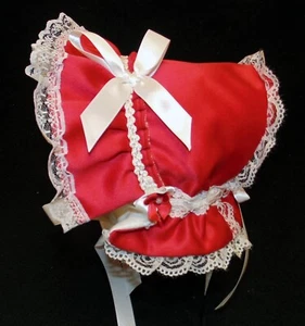 Red Satin with Extended Back Victorian Style Fleece Lined Baby Christmas Bonnet - Picture 1 of 3