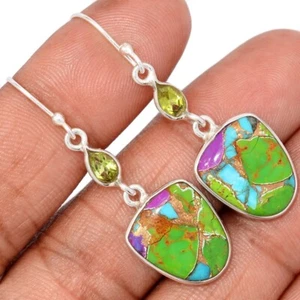 Composite Multi Copper Turquoise & Peridot 925 Silver Earrings Jewelry CE48693 - Picture 1 of 1