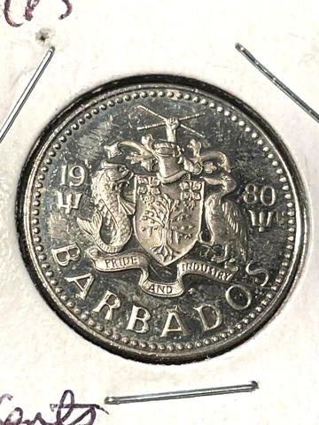 BARBADOS 1980FM(P) 25 CENTS, KM13, COPPER-NICKEL, FREE USA SHIPPING Cover