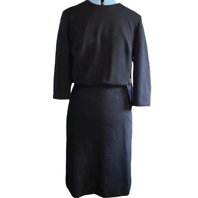 Vintage 1960’s MCM Black Knit Jersey 3/4 Sleeves Lined Dress Size 12 Minimalist - Image 1 of 4