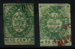 Colombia 1865 50c Green, both types (B thinned), good to fine used. SG36-37 - Picture 1 of 1