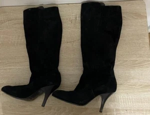 LADIES BLACK SUEDE PULL ON STILETTO HEEL KNEE HIGH BOOTS SHOES UK 4 EUR 37 BT249 - Picture 1 of 3