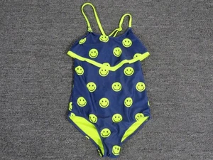 Justice One Piece Swimsuit Girls 10 Blue Yellow Smiley Face - Picture 1 of 6