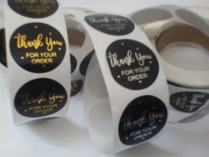 Round Sticky Labels Thank You For Your Order Gift Craft Box Black Gold Silver - Picture 1 of 7