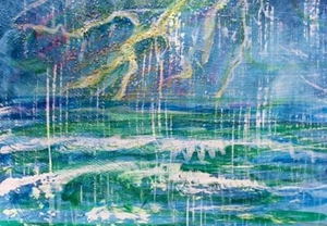 Quadro ACEO originale spiaggia onde OCEANO primavera TEMPESTA pioggia mare fulmini ATC ART - Foto 1 di 1