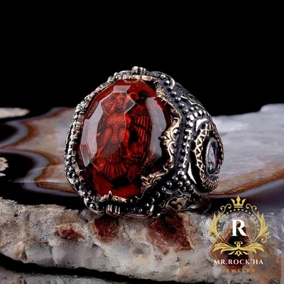 Anillo para hombre de plata de ley 925 grabado de águila de doble cabeza, piedra de circón rojo Foto 1 de 4