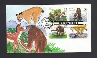 FDC: #3077-3080 1996 32c animales prehistóricos - caché pintado a mano de MELISSA FOX  Foto 1 de 2