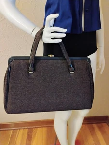 VTG 50's "Kadin USA" Black & Brown Woven Wool with Black Leather Trim Handbag XL - Picture 1 of 22