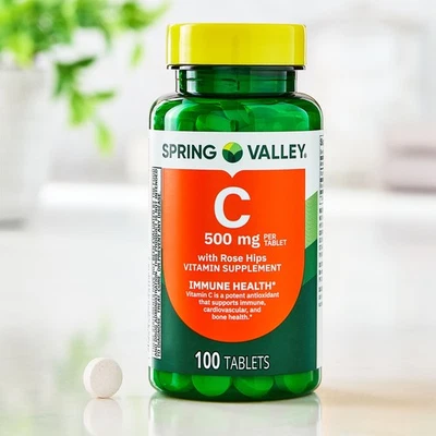 Comprimidos de vitamina C Spring Valley - 500mg com rosa mosqueta, contagem de 100, saúde imunológica - Imagem 1 de 4