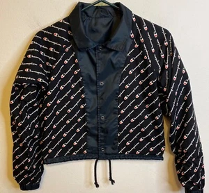 Champion Black Windbreaker Jacket All Over Logo Print Reversible Snap Button XS - Picture 1 of 6