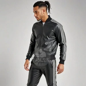 Men's Genuine Real Lambskin Black Leather Track Suit Sweatsuit Jogging Tracksuit - Picture 1 of 2