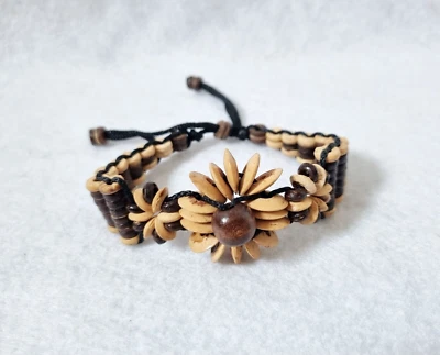 Wood Coconut Beads Bracelet Cuff Three Flower Pattern Adjust Casual Gift Lady - Image 1 of 4