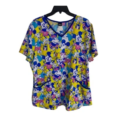 Disney Womens Scrub Shirt Adult Size xl Goofy Mickey Mouse Short Sleeve Yellow - Image 1 of 4