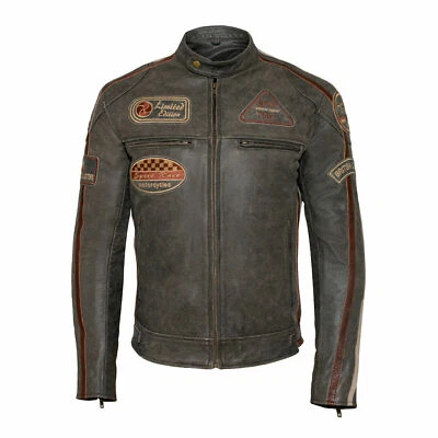 Classic Mens British Motorcycle Leather Jacket With Badges Biker Brown Striped - Image 1 of 4