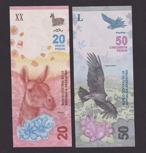 UNC Argentina 20 & 50 Pesos Banknote 2017-2018 Flora & Fauna Animals Series - Picture 1 of 3
