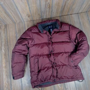 Gap Womens Small Down Puffer Coat Full Zip Snap Hooded Drawstring Wine Red - Picture 1 of 9