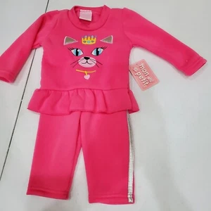 Mon Petit Jogging Track Suit Baby Girl Size 0-3 Mo Pink Fleece Embroidered Cat - Picture 1 of 7