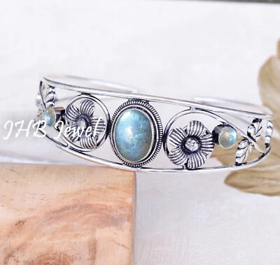 Labradorite Multi Gemstone 925 Sterling Silver Cuff Bangle Birthday Gift Jewelry - Image 1 of 4