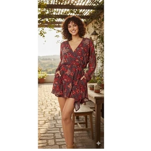 Free People Teegan Minikleid L 12 rot pfirsich Blumen V-Ausschnitt asym Saum mit Taschen - Bild 1 von 14