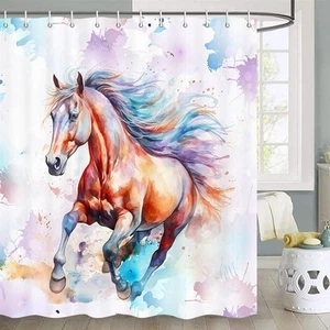 Horse Shower Curtain, Western Country Unique Watercolor Ink Painting Animals ... - Picture 1 of 6