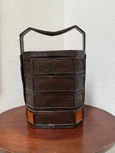 Antique Chinese Wedding Basket Tiered Food Carrier Handwoven Bamboo & Wood - Picture 1 of 17