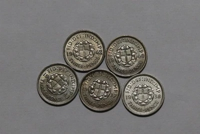 🧭 🇬🇧 UK GB 3 ПЕНСА КОЛЛЕКЦИИ ВСЕ СЕРЕБРО - 5 МОНЕТ B88 #21 XU24 - Изображение 1 из 2