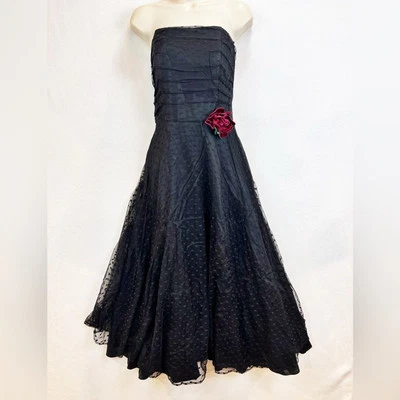 Vestido de graduación Scott McClintock vintage años 90 sin tirantes talla 8 negro lunares encaje Foto 1 de 4