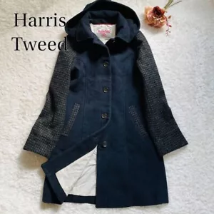 Harris Tweed Glen Plaid Chester Long Coat Jacket Womens Gray Navy Size L F/S - Picture 1 of 7
