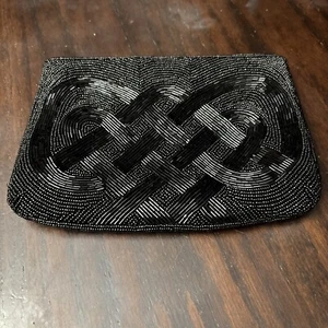 Black Beaded Evening Clutch Bag Zipper Closure ID Pocket Hand Made China EUC - Picture 1 of 7