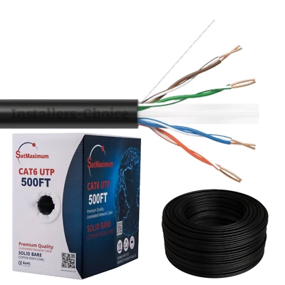 Cat6 500ft cable UTP Solid Black LAN Network CMR Riser Wire RJ45 Bulk 23 AWG - Image 1 of 4