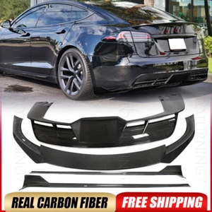 REAL Carbon Front Bumper Lip Diffuser Skirts Spoiler Fits Tesla Model S 21-2024 - Picture 1 of 17