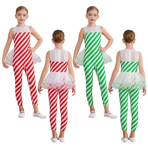 Kids Girls Candy Cane Striped Jumpsuit Bodysuit Christmas Performance Costume - Picture 1 of 35