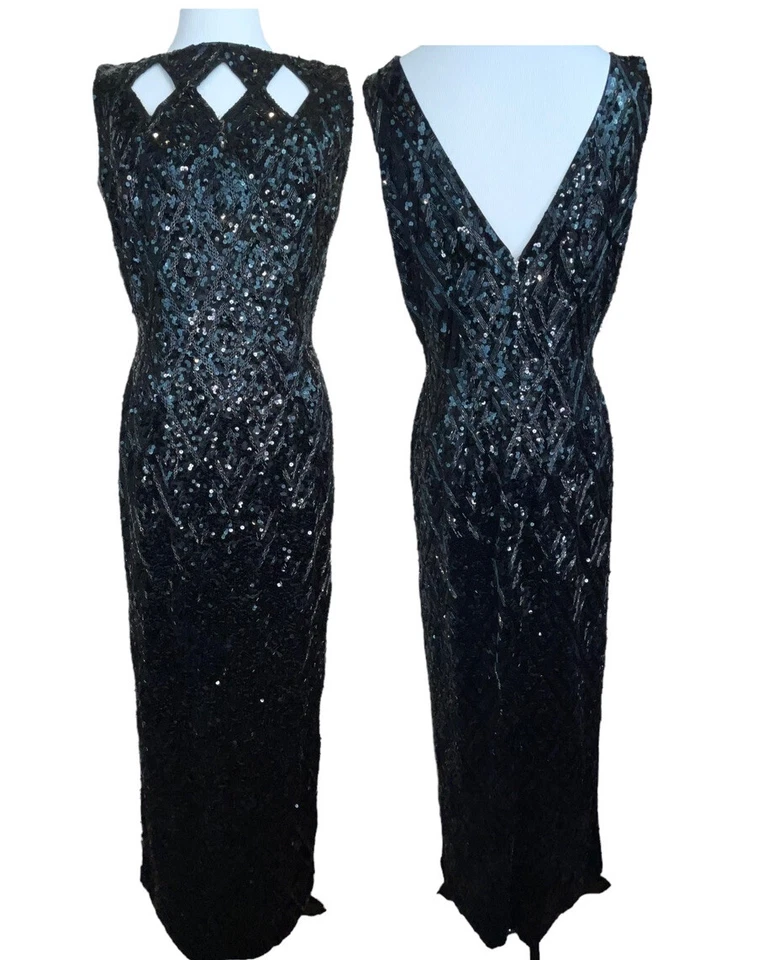 Vestido largo con cuentas de lentejuelas negro sin mangas corte de diamante cuello barco Foto 1 de 4