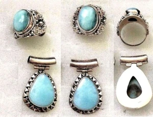 925 Sterling Silver Larimar Set : Ring Size 8 & Pendant 1 1/2" Long - Picture 1 of 6
