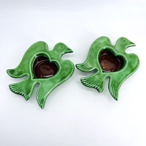 VTG MID-CENTURY 1958 MADE IN PORTUGAL GREEN CERAMIC DOVE BIRD CANDLE HOLDERS-HTF - Picture 1 of 9