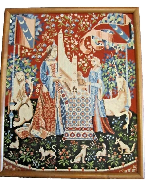 Vtg 1970s Framed Cluny Tapestry Needlepoint Art Lady Unicorn Hearing Medieval - Image 1 of 4