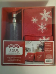 Holiday Time 3 Pc Hand Towel And Glass Soap Pump Bath Set Red Snowflake - Picture 1 of 4