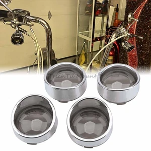 For Harley Softail Dyna 4PCS Smoke Lens Turn Signal Covers w/Chrome Visor Bezels - Picture 1 of 19