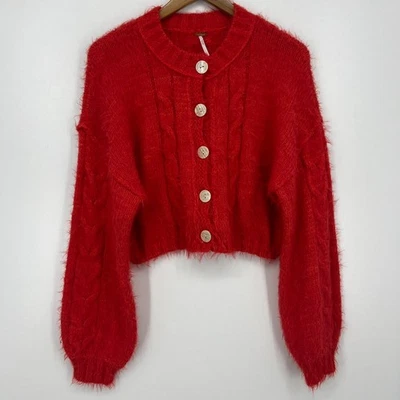 Free People x Revolve Willow Cardigan Women's Size M Red Fuzzy Button Cropped - Image 1 of 4