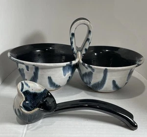 Studio Pottery Double Dipper Condiment Snack Bowls Ceramic Glazed Ladle Blue G - Picture 1 of 12