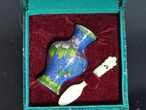 Alte Vintage Box Chinesische Blumen Cloisonné Emaille Kleine Vase und Löffel - Bild 1 von 9