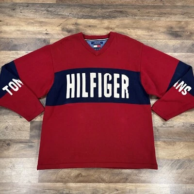 Tommy Hilfiger Sweater Mens 2XL Red Cotton V Neck Pullover Vintage Spell Out XXL - Image 1 of 4