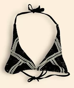 Vintage Betsey Johnson Crochet Black Cream Triangle Bikini Top Large *flaw - Picture 1 of 6