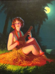 Edward Mason Eggleston - Isle of Dreamy Melodies Girl Moonlight Ukulele -17"x22" - Picture 1 of 1