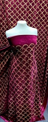 1 Yard weinrot Gold Schuppen Pailletten Stretch Samt Kleid Stoff 58" - Bild 1 von 4