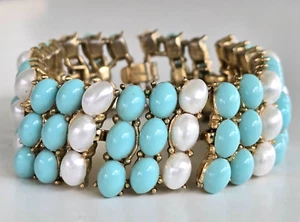 Vintage Trifari Faux Turquoise & Pearl Cabochon Gold Tone Panel 7" Bracelet 1"W - Picture 1 of 10