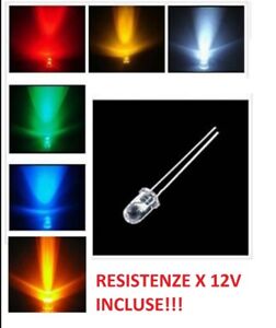 10 LED 5mm LAMPEGGIANTE FLASH + RESISTENZE 12V BIANCHI BLU ROSSO VERDE  Diodi