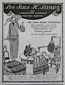 PUBLICITÉ DE PRESSE 1923 H.LANEZ SACS A MAINS POCHETTE RÉTICULE CAHEMIRE VANITY - Bild 1 von 1