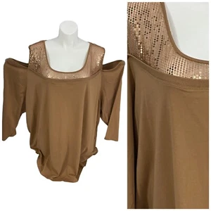 Denim 24/7 Top Womens 4x Brown Sequin Knit Shirt Cold Shoulder Office Party Work - Picture 1 of 14